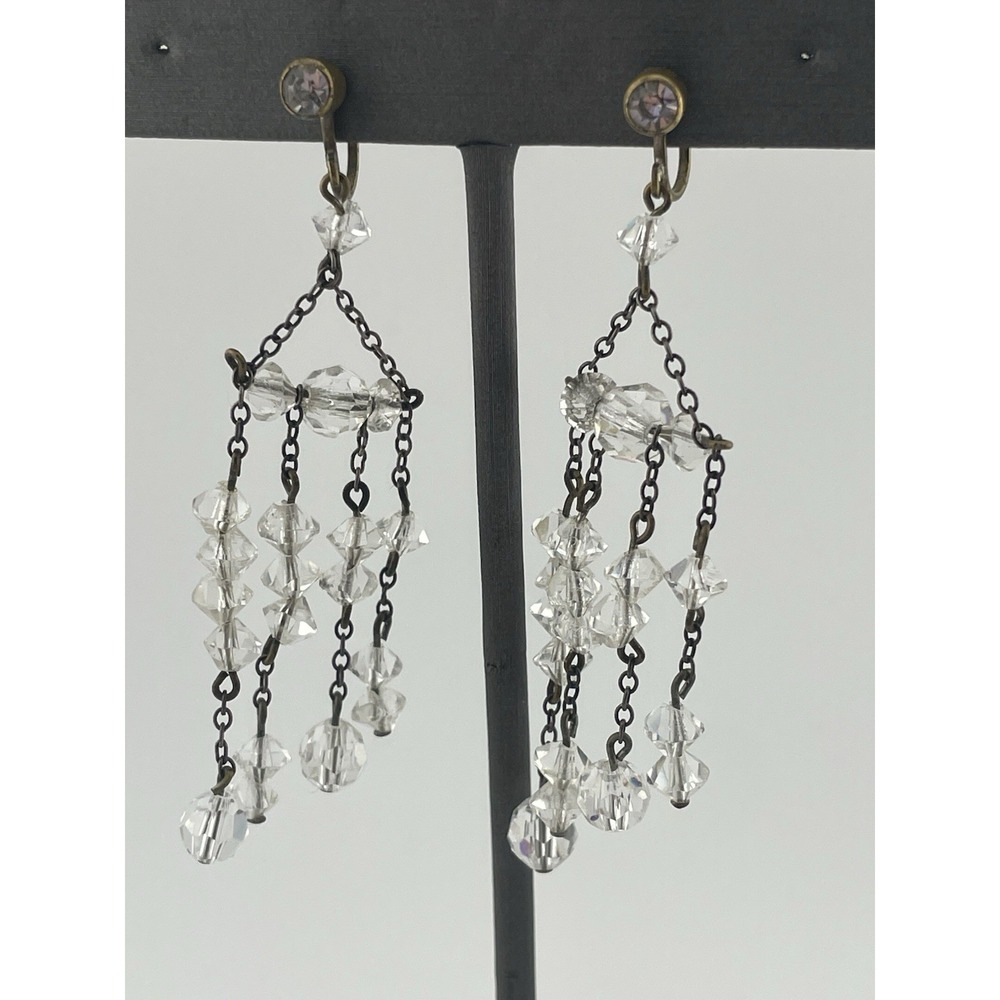 Vtg art Deco‎ Crystal Dangle Screw back Earrings Chandelier Estate Jewelry 30s